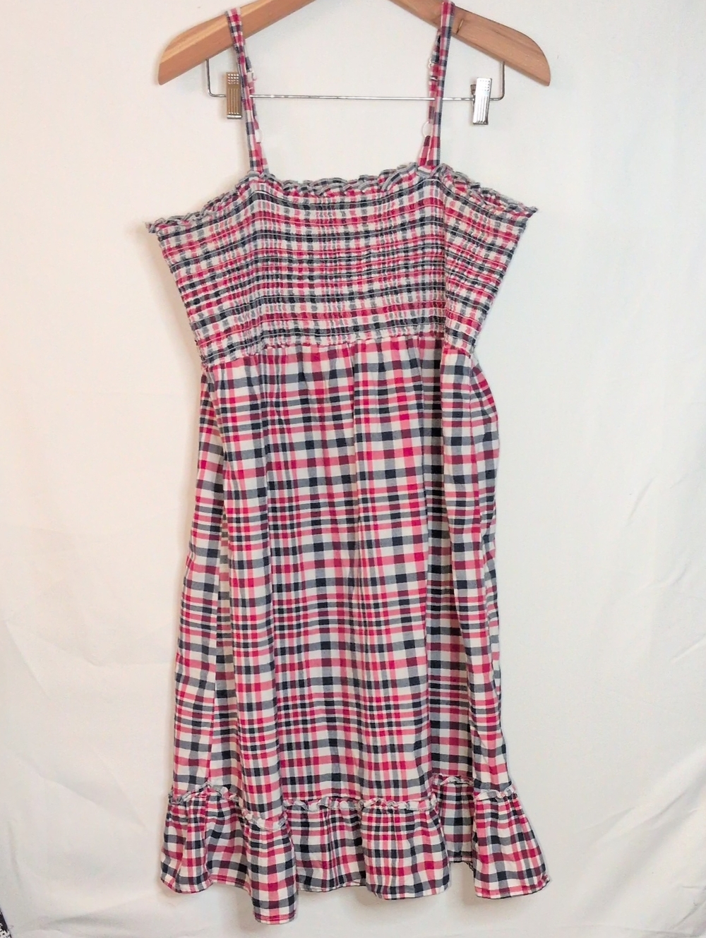 Faded Glory Red and Navy Plaid Sundress - Smocked Bodice XL